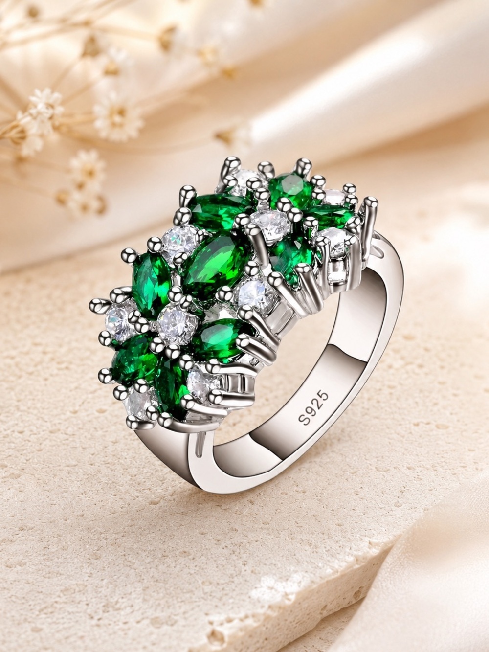 Vintage Emerald Green Floral Cluster Ring | 925 Sterling Silver | Sparkling CZ